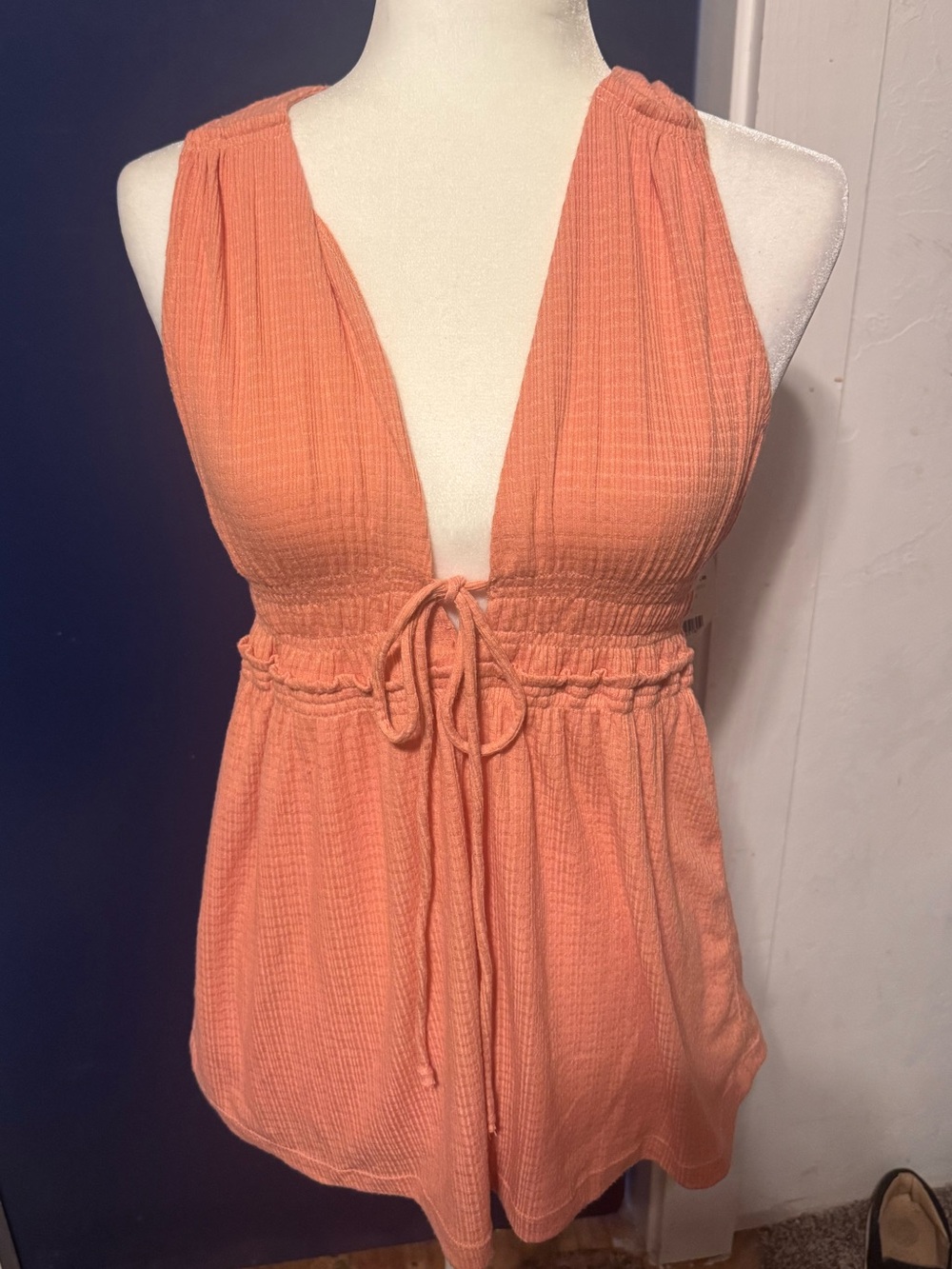Free People Coral Tie-Front Deep V Waffle Tank NWT